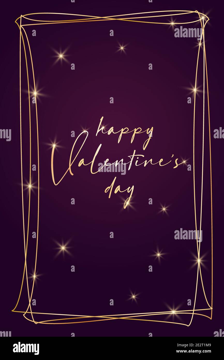 brochure di san valentino con banner di auguri per biglietti d'auguri. viola scuro e oro di lusso ricco stile. stelle lucide forma cuore e scritta di moda. Illustrazione Vettoriale