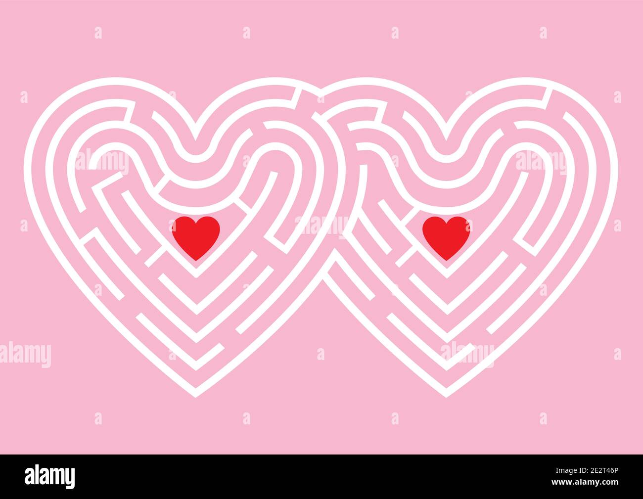 Due cuori labirinto, la ricerca dell'amore. Il labirinto a forma di due cuori collegati su sfondo rosa. Vettore disponibile. Illustrazione Vettoriale