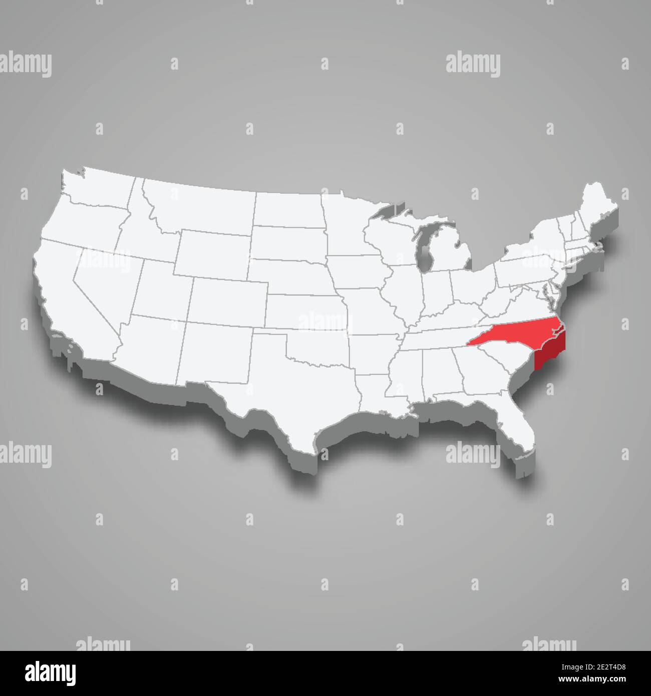 Posizione dello stato del North Carolina all'interno della mappa isometrica 3d degli Stati Uniti Illustrazione Vettoriale