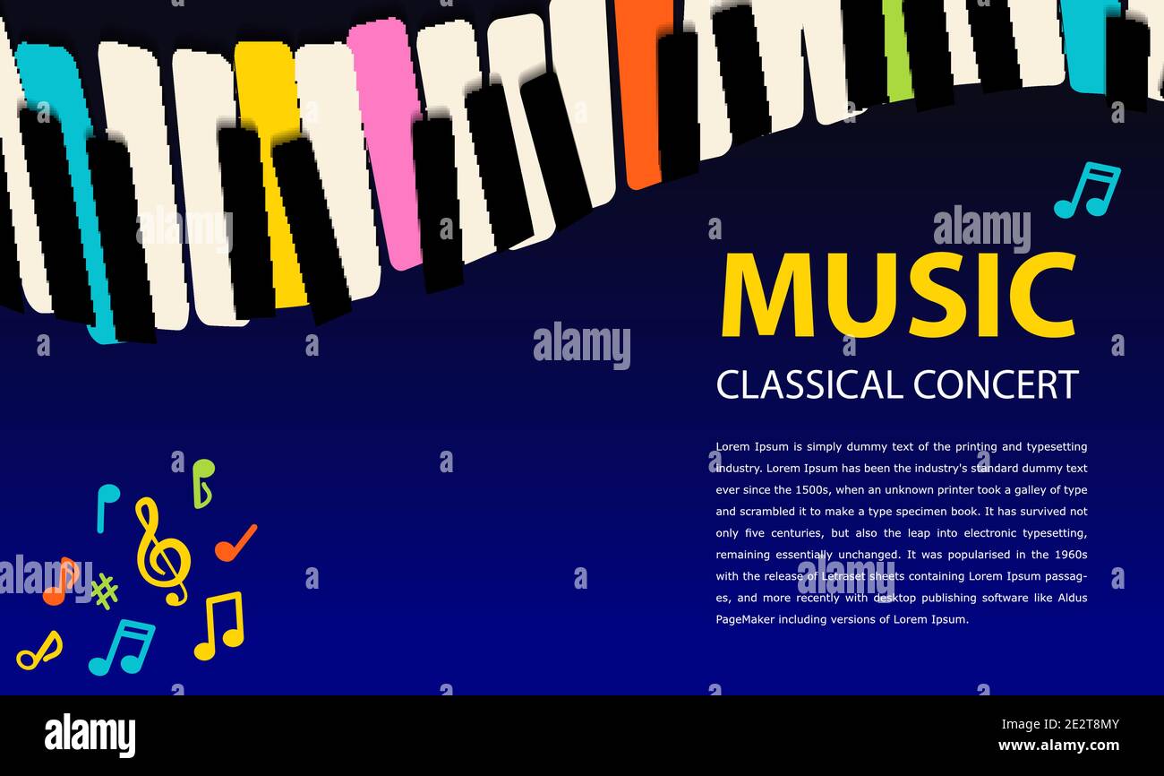 Sfondo musicale astratto. Tasti pianoforte arcobaleno su sfondo blu. Banner modello per il tuo testo. Banner orizzontale luminoso. Illustrazione Vettoriale