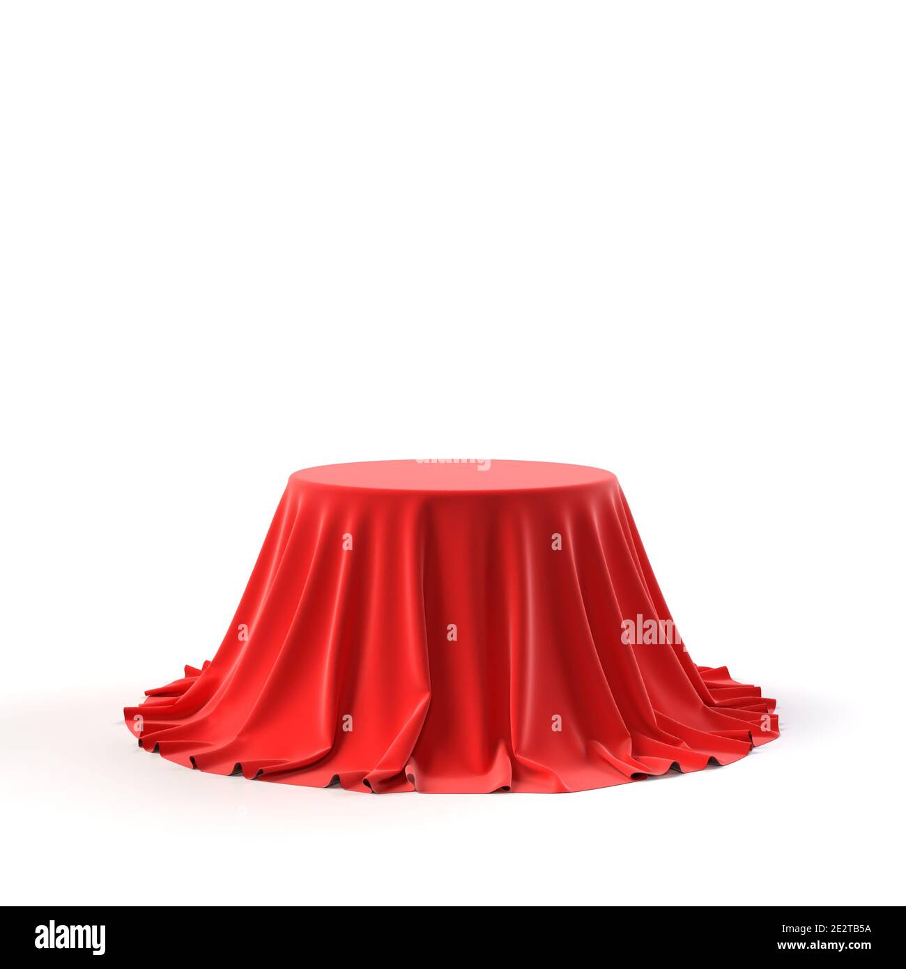 Scatola rotonda rivestita con tessuto rosso isolato su sfondo bianco. Sorpresa, premio, premio, concetto di presentazione. Stand per showroom. Rivelare un oggetto nascosto, Foto Stock