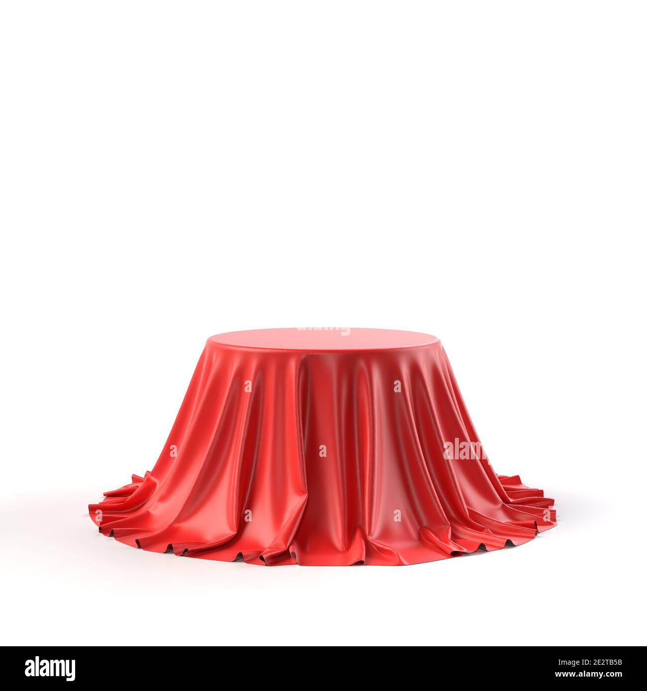 Scatola rotonda rivestita con tessuto rosso isolato su sfondo bianco. Sorpresa, premio, premio, concetto di presentazione. Stand per showroom. Rivelare un oggetto nascosto, Foto Stock