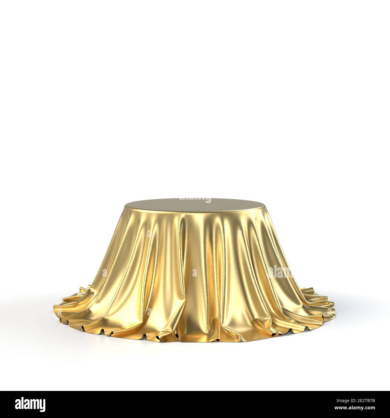 Scatola rotonda rivestita con tessuto dorato isolato su sfondo bianco. Sorpresa, premio, premio, concetto di presentazione. Stand per showroom. Rivela un'evidenzierà nascosta Foto Stock