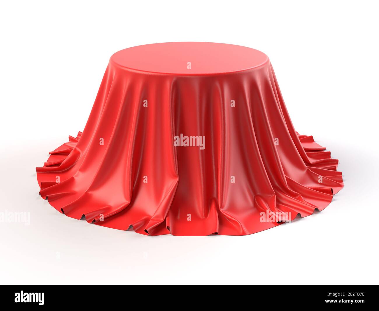 Scatola rotonda rivestita con tessuto rosso isolato su sfondo bianco. Sorpresa, premio, premio, concetto di presentazione. Stand per showroom. Rivelare un oggetto nascosto, Foto Stock