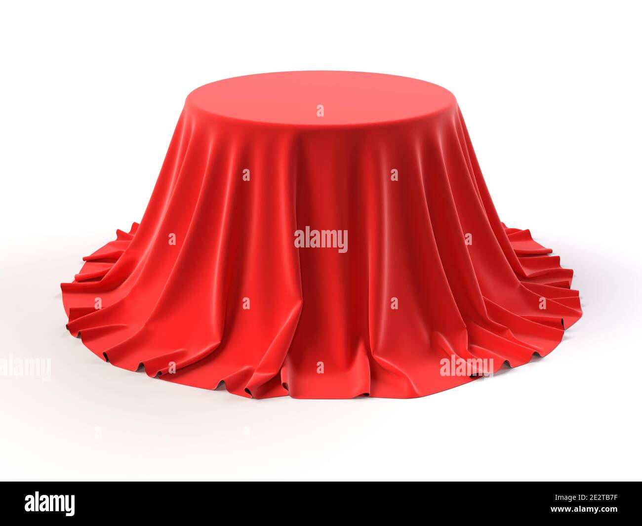 Scatola rotonda rivestita con tessuto rosso isolato su sfondo bianco. Sorpresa, premio, premio, concetto di presentazione. Stand per showroom. Rivelare un oggetto nascosto, Foto Stock
