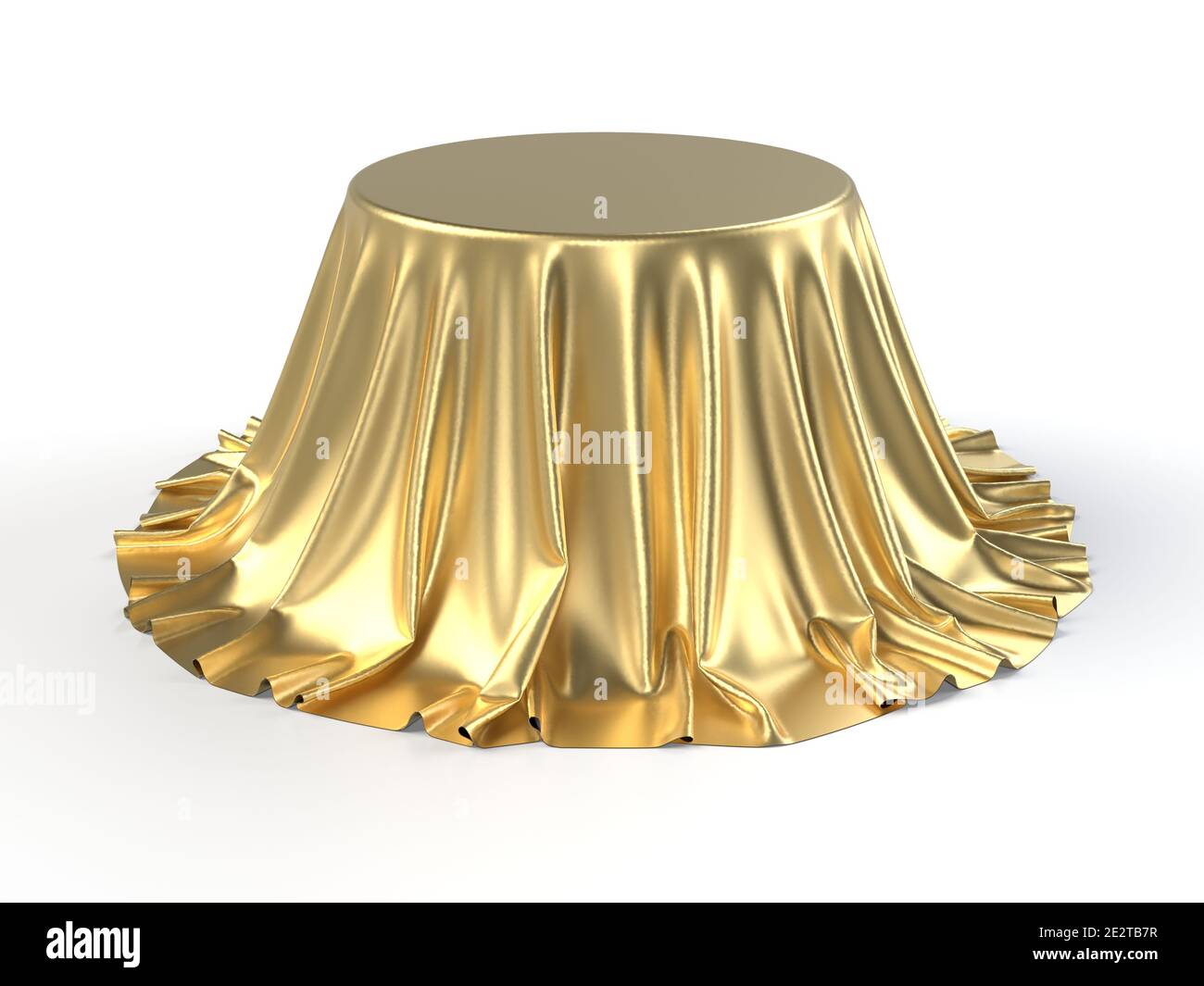 Scatola rotonda rivestita con tessuto dorato isolato su sfondo bianco. Sorpresa, premio, premio, concetto di presentazione. Stand per showroom. Rivela un'evidenzierà nascosta Foto Stock