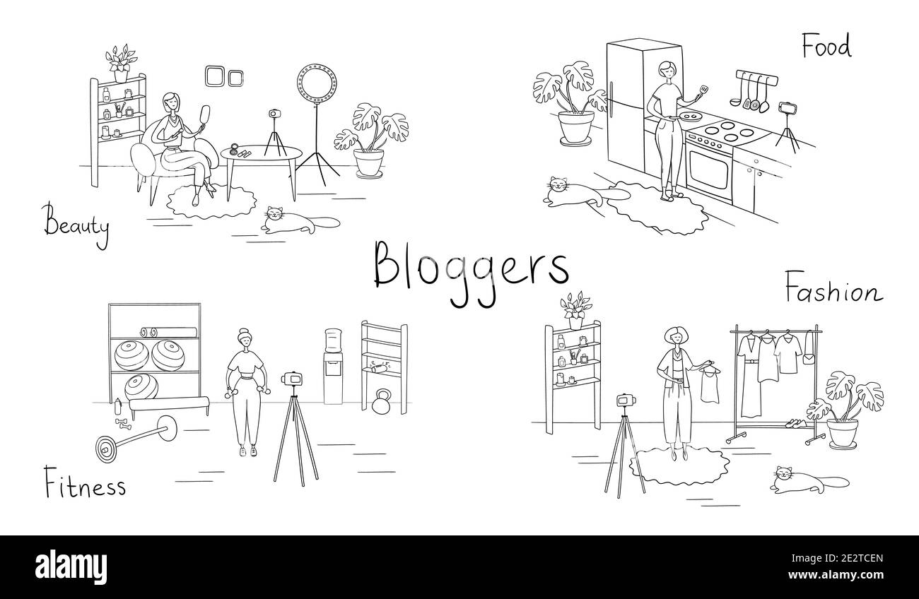 Set di blogger e vloggers che fanno contenuti Internet. Popoli che creano video per il loro canale del blog. Influencer che sparano vlog. Vettore Illustrazione Vettoriale