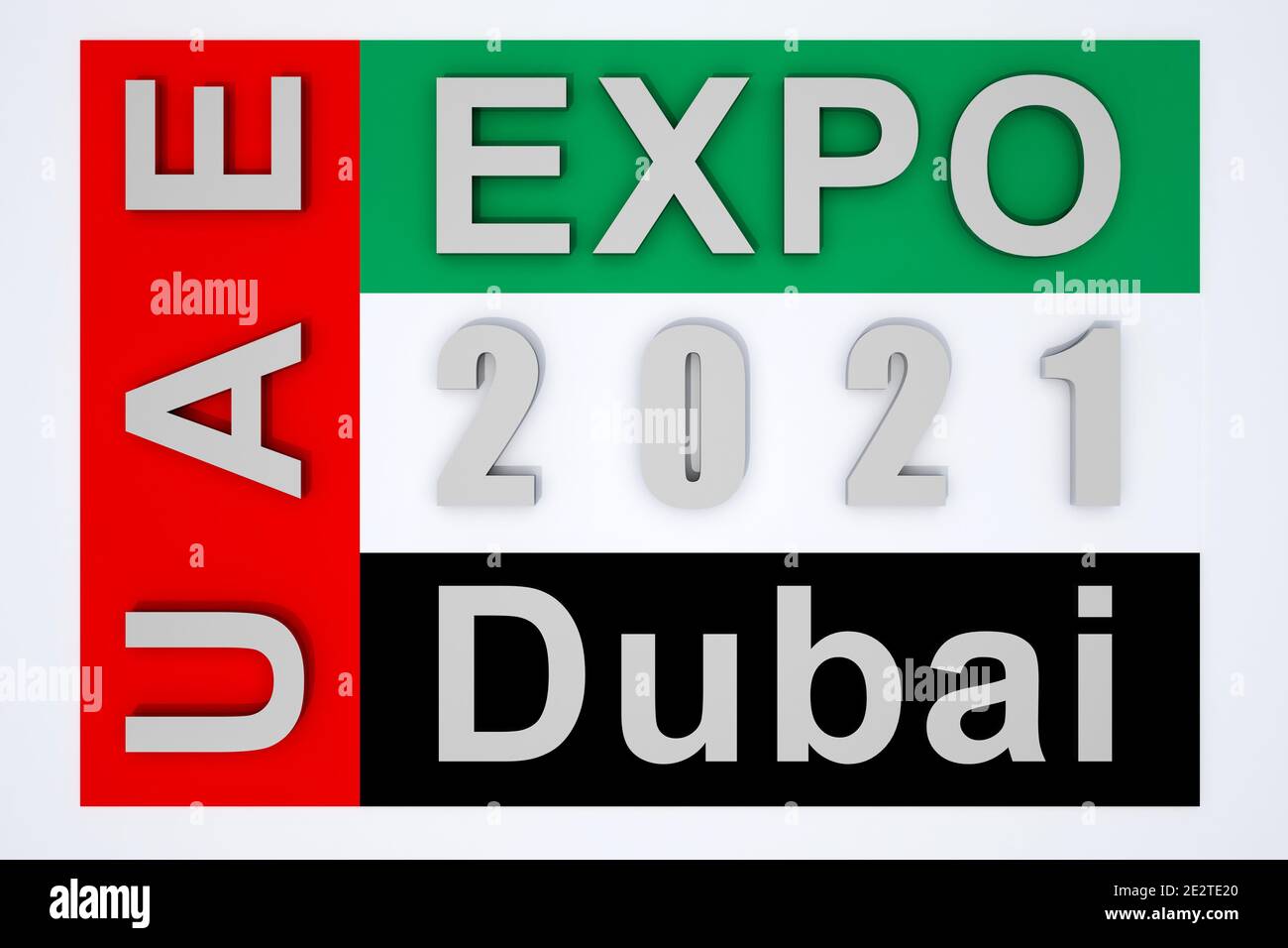 Bandiera con testo expo 2021 Emirati Arabi Uniti Dubai. rendering 3d Foto Stock