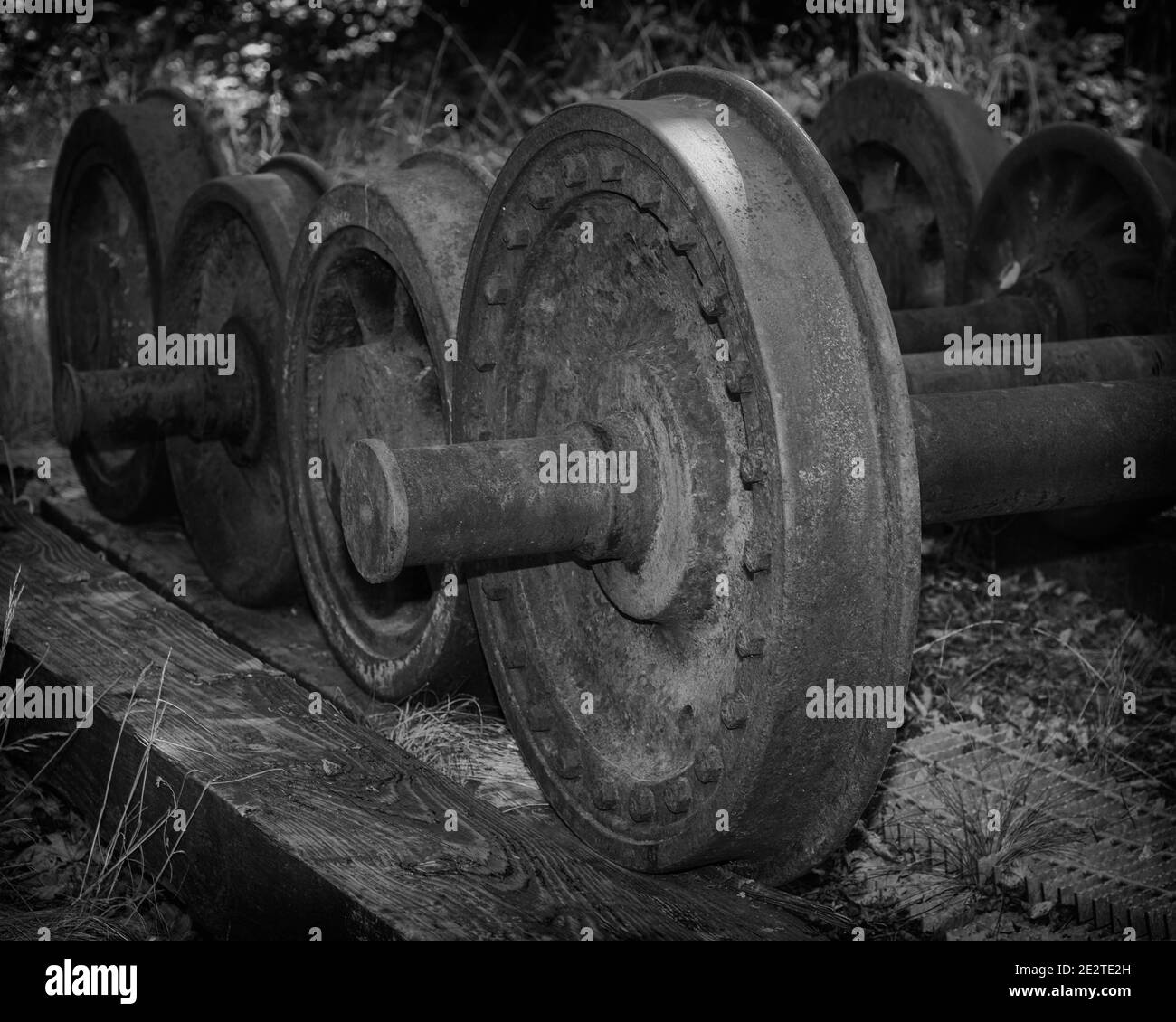 Vecchie ruote ferroviarie al Northwest Railway Museum di Snoqualmie, WA Foto Stock