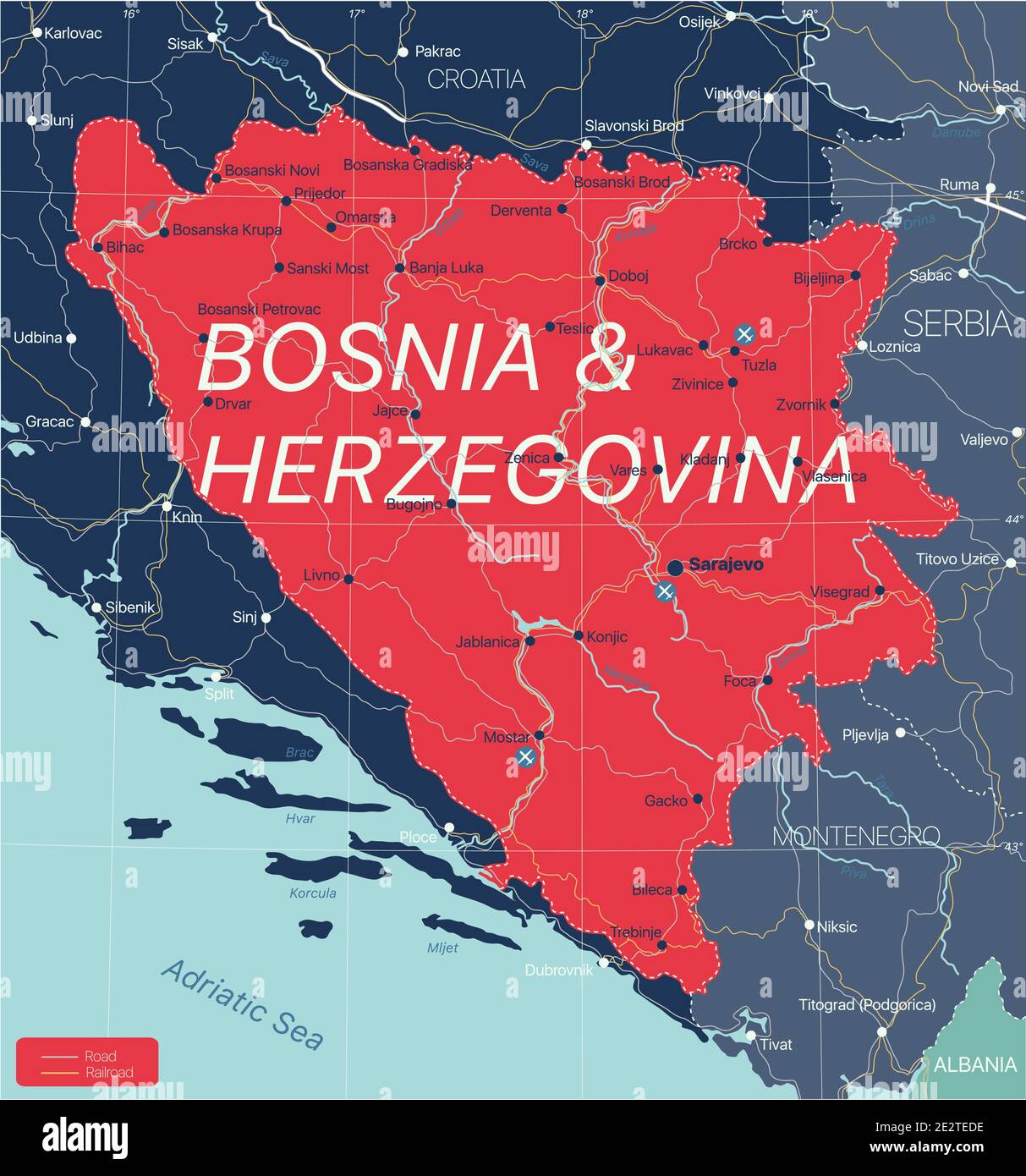 Paese Bosnia-Erzegovina Mappa dettagliata modificabile con regioni