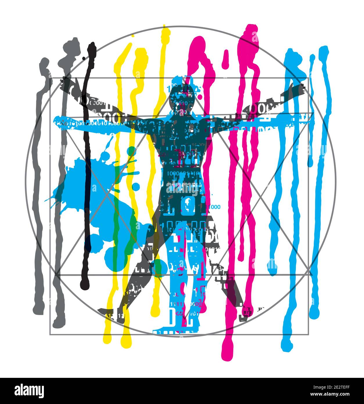 Uomo vitruviano con codici binari, Flowing Paint, colori CMYK. Illustrazione espressiva futuristica dell'uomo vitruviano con codici binari . Illustrazione Vettoriale