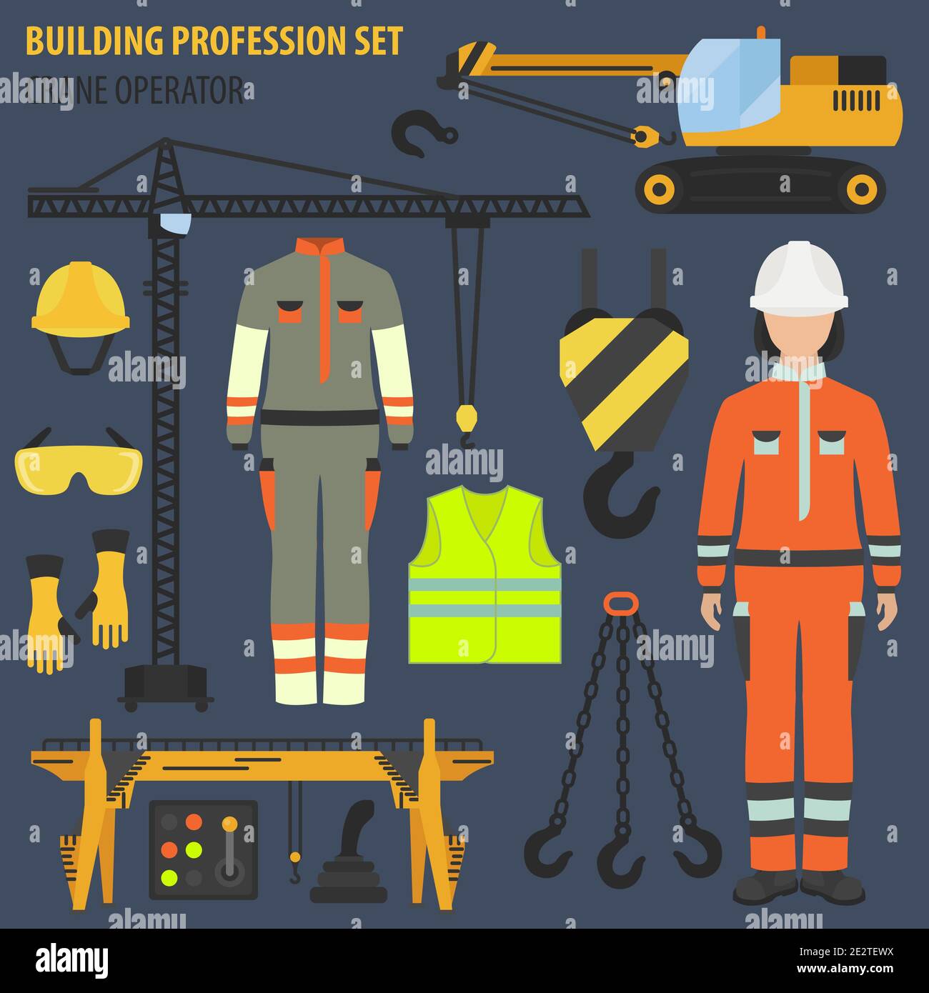 Set professione e occupazione. Attrezzi e attrezzature per operatori di gru. Disegno uniforme piatto icon.Illustrazione vettoriale Illustrazione Vettoriale