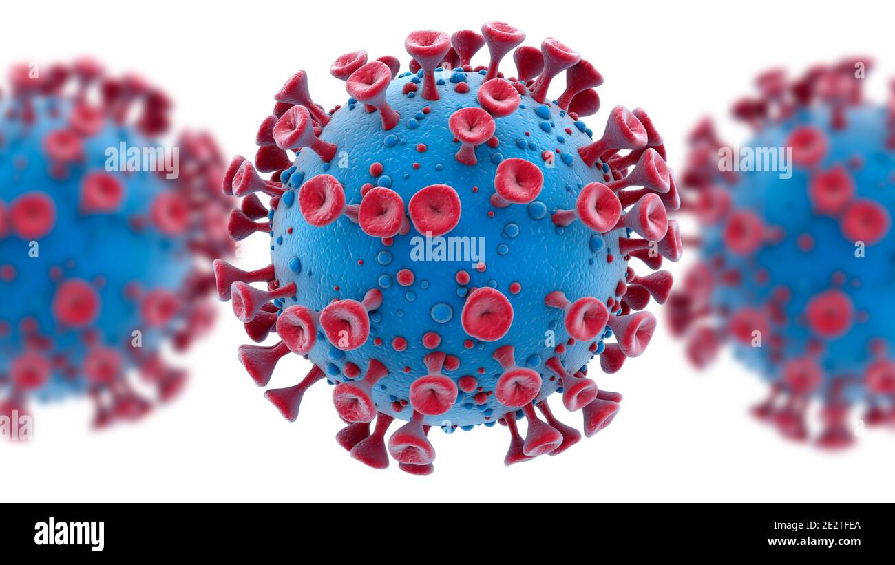 Primo piano delle cellule del virus del microscopio. Coronavirus 2019-nCov epidemia di influenza coronavirus. Influenza Covid-19 isolata su sfondo bianco. Illustrazione 3D Foto Stock