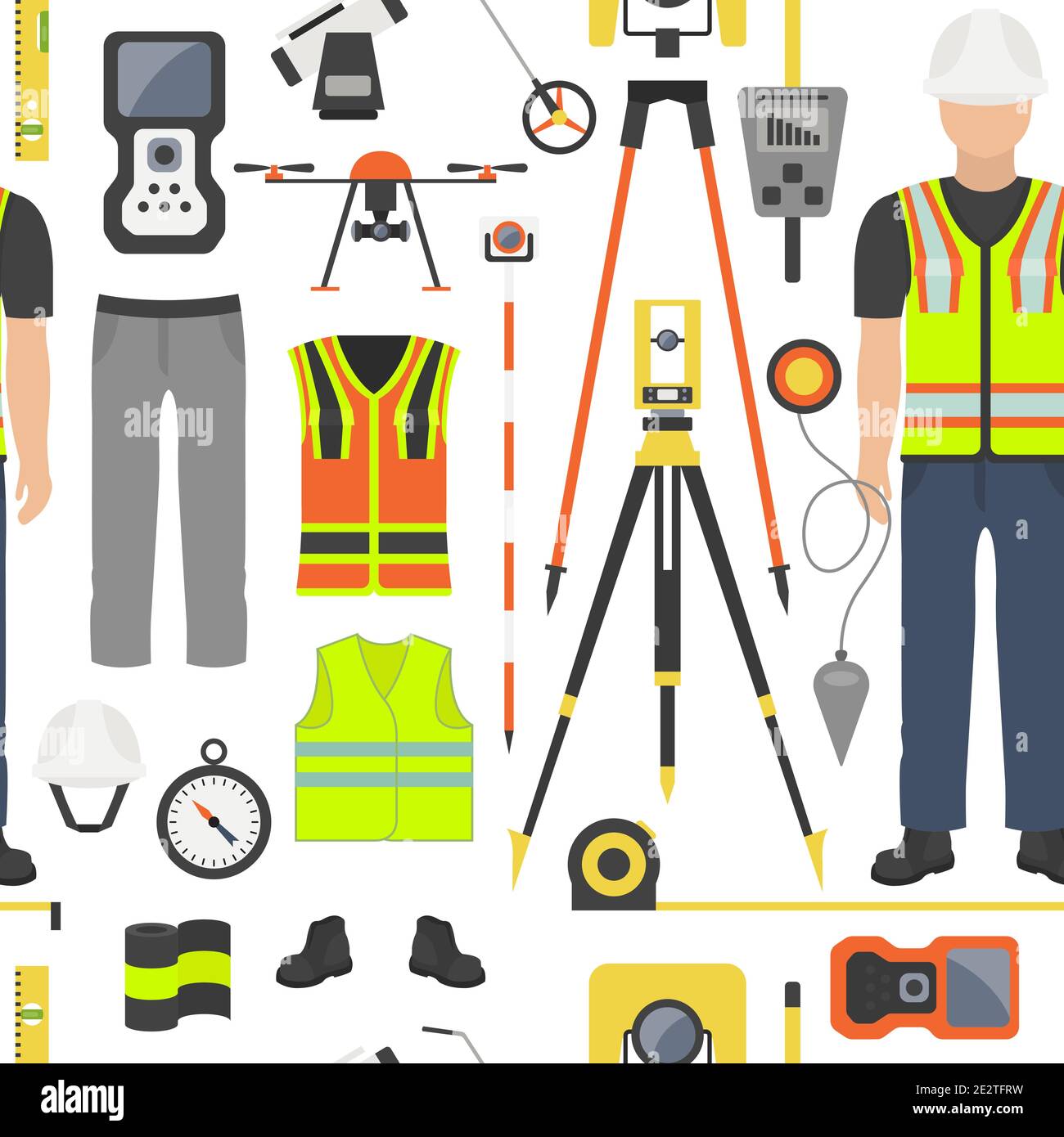 Set professione e occupazione. Strumenti e attrezzature per il rilevamento del terreno. Schema senza giunture.Illustrazione vettoriale Illustrazione Vettoriale