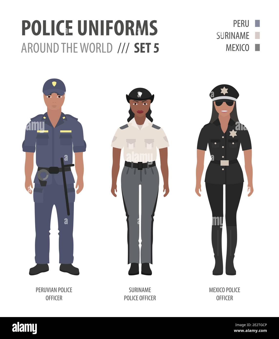 Uniformi di polizia in tutto il mondo. Costume, abbigliamento di ufficiali di polizia americani illustrazioni vettoriali set Illustrazione Vettoriale