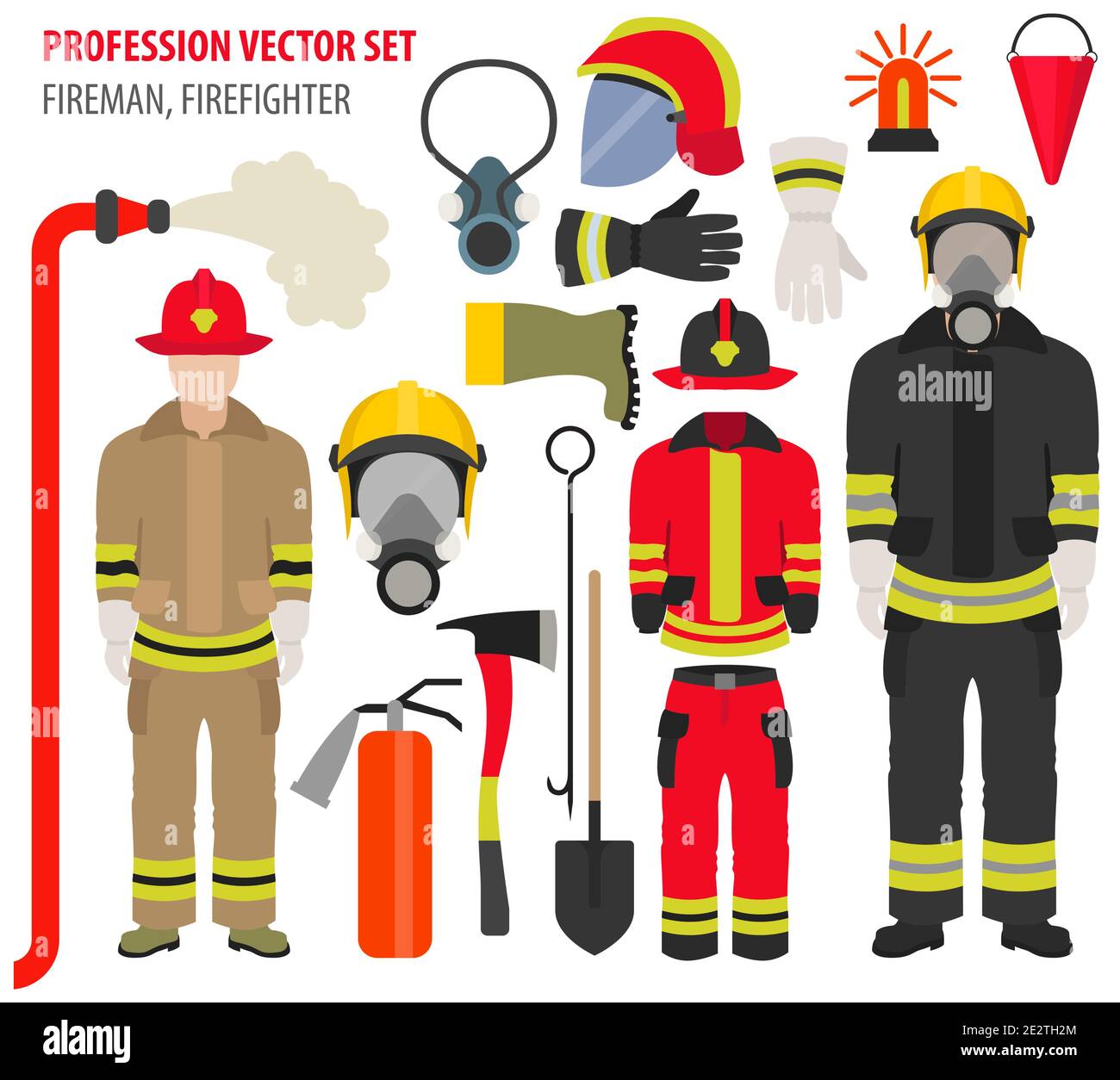 Set professione e occupazione. Attrezzature antincendio, personale di assistenza vigili del fuoco Uniform Flat design Icon.illustrazione vettoriale Illustrazione Vettoriale