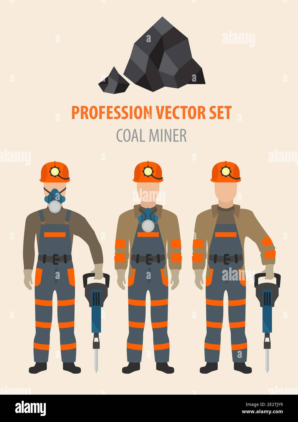 Set professione e occupazione. Attrezzature per estrazione del carbone, minatori, design piatto icona.illustrazione vettoriale Illustrazione Vettoriale