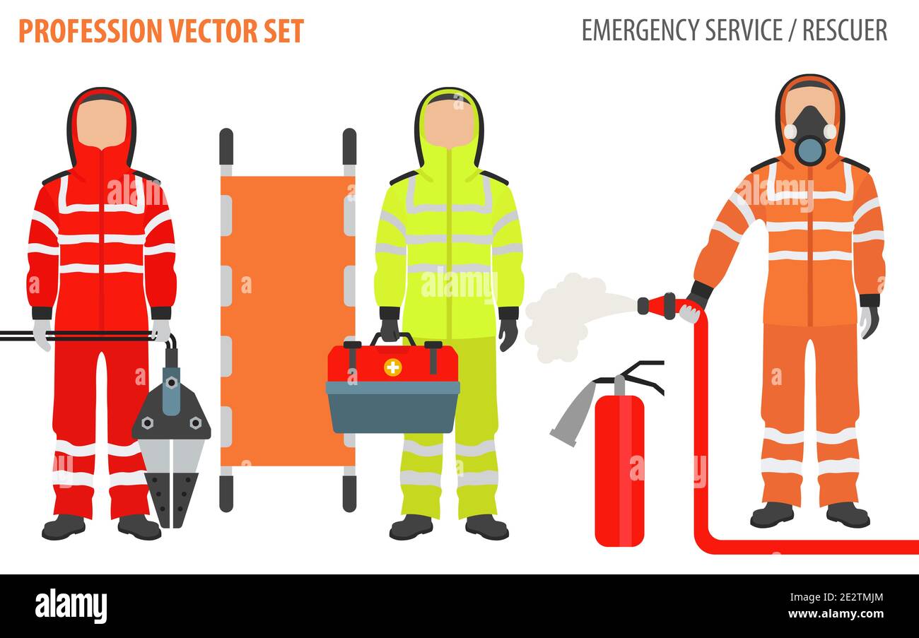 Set professione e occupazione. Attrezzatura`s soccorritore, personale di servizio di emergenza uniforme piano design icona.Vector illustrazione Illustrazione Vettoriale