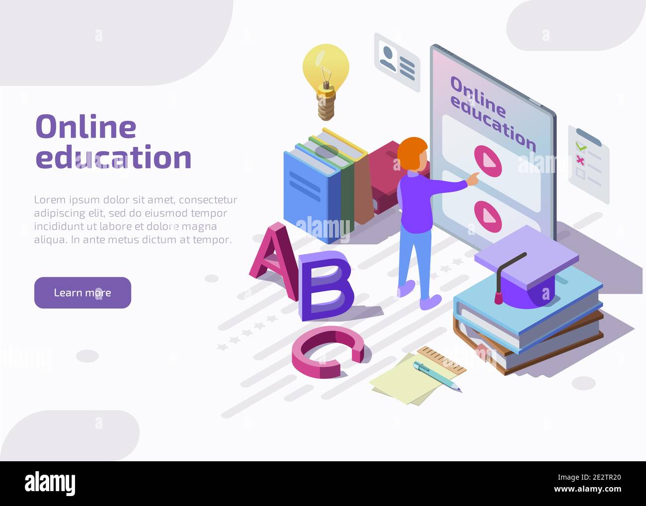 Landing page isometrica per l'istruzione online, banner Web. Studenti che imparano tutorial video a distanza tramite il sito Web o l'applicazione su un enorme schermo di tablet. Lezione in Internet School, università o università. Illustrazione Vettoriale