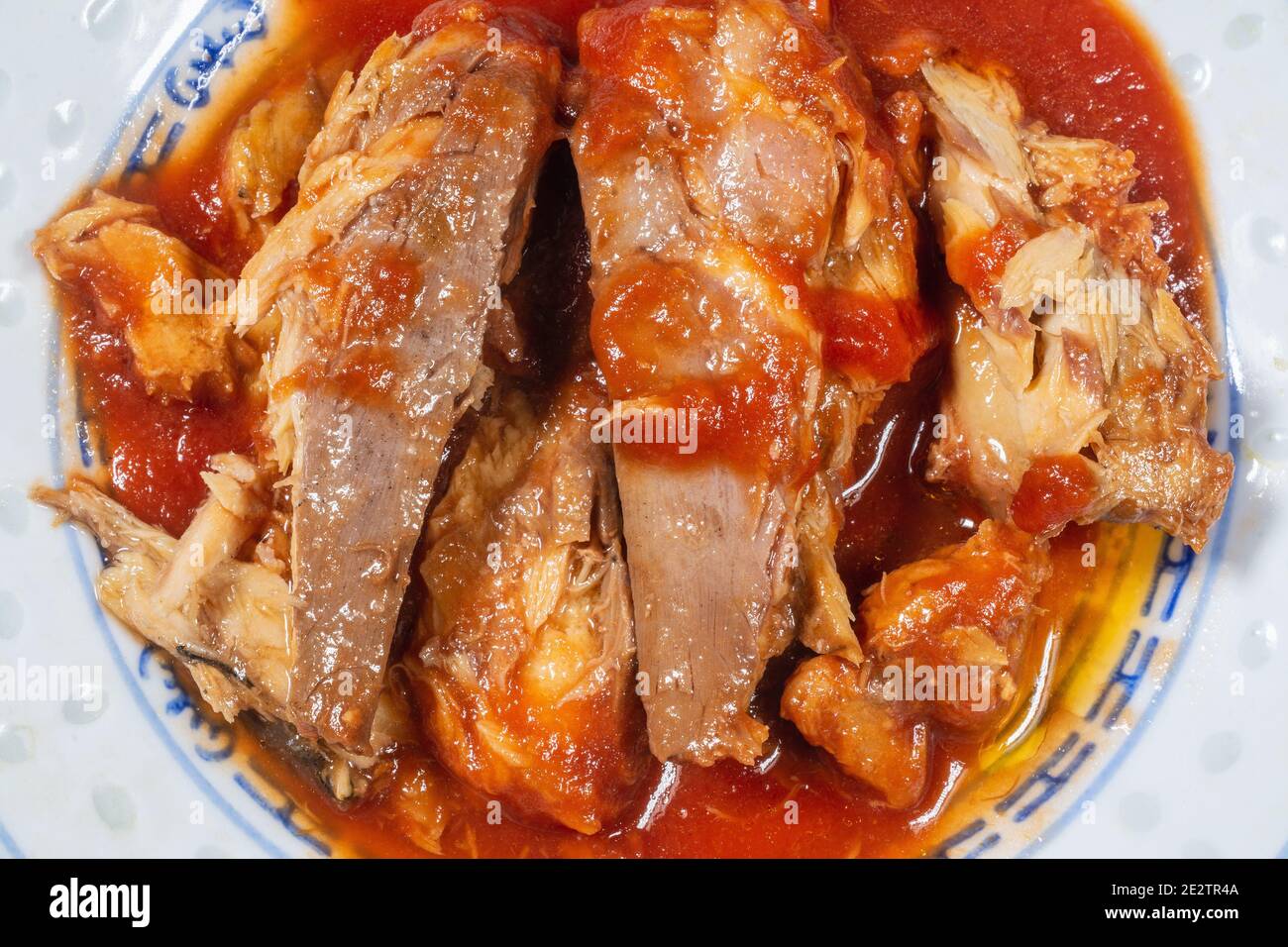 Sgombro in scatola in salsa di pomodoro su un piatto di porcellana Foto Stock