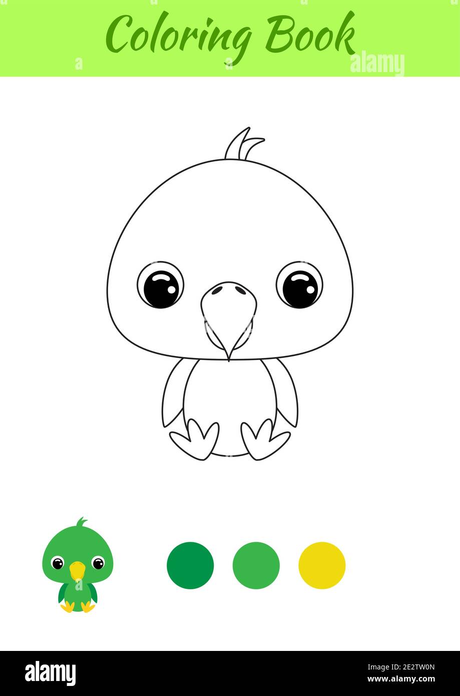 Libro da colorare pappagallo bambino seduto. Pagina da colorare per bambini. Attività educativa per bambini e bambini con animali carini. Illustrazione Vettoriale