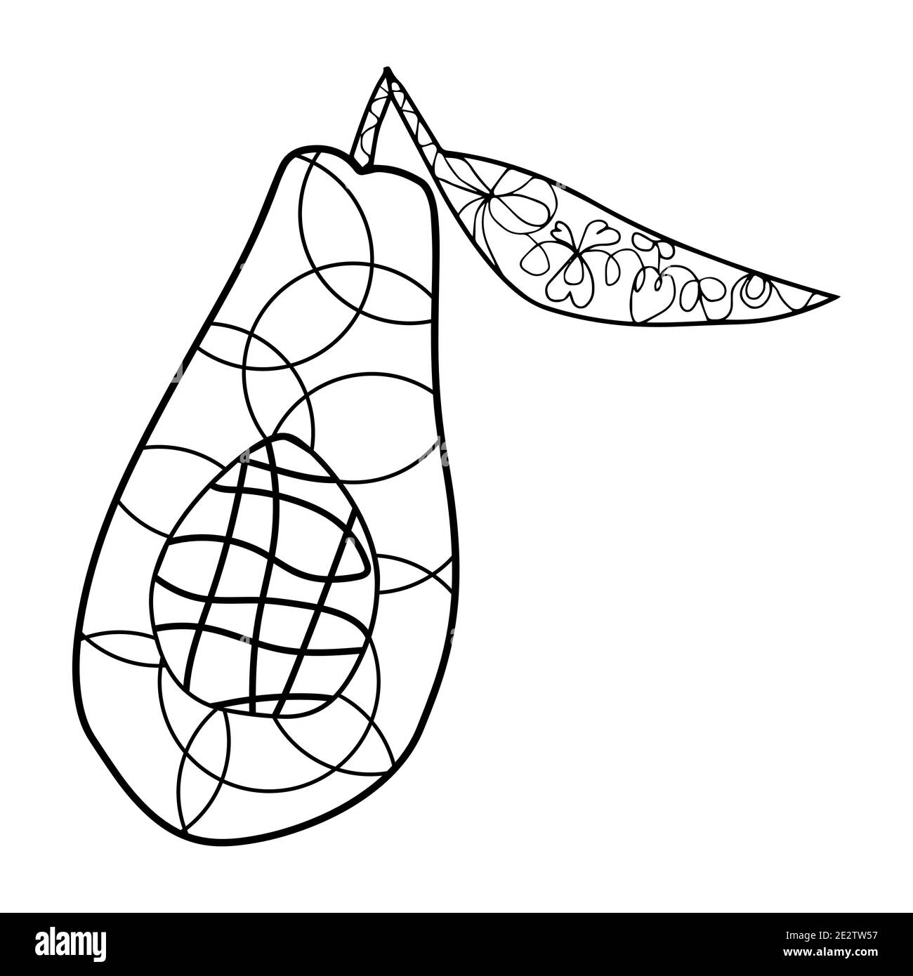un avocado tagliato a metà con ornamenti di doodle su un pagina di colorazione sfondo bianco Illustrazione Vettoriale