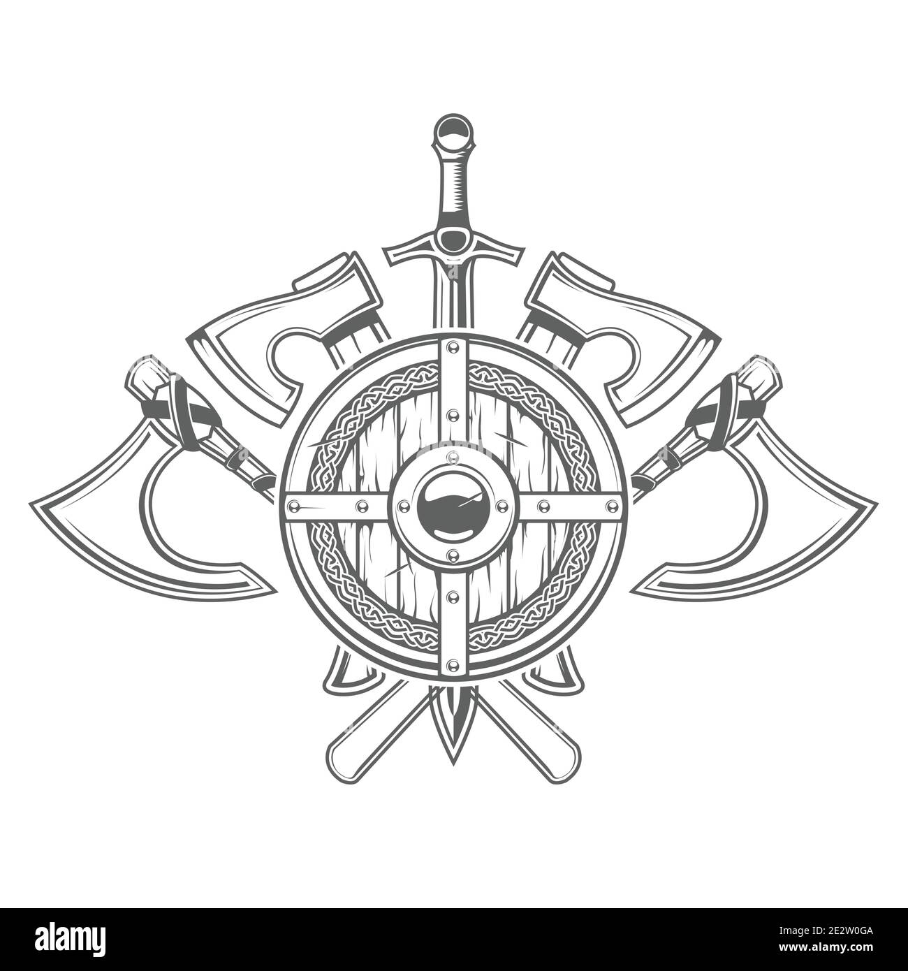 Emblema con scudo vichingo rotondo e braccia fredde incrociate, assi e spade, armatura medievale, vettore Illustrazione Vettoriale