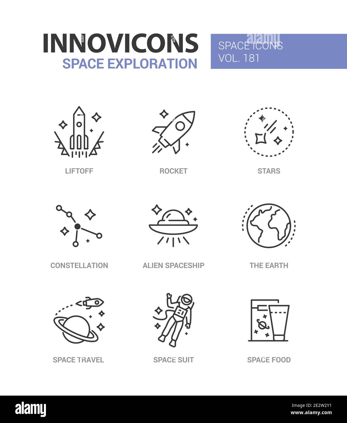 Esplorazione dello spazio - set di icone di stile di design della linea. Galassia, idea di astronomia. Una collezione con liftoff, razzo, stelle, costellazione, astronave aliena, il Illustrazione Vettoriale