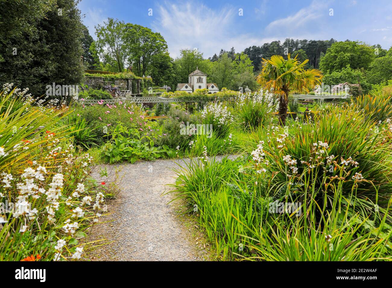 Terrazze e aiuole con vista sul mulino pin, Bodnant Gardens, Spring, (maggio), tal-y-Cafn, Conwy, Galles, Regno Unito Foto Stock