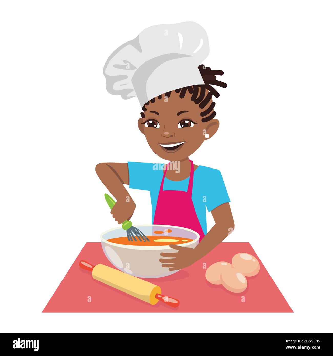 Una ragazza afro-americana teenage cucina un pasto in un cappello chef. Una chef femminile è una pasticciera. Illustrazione di cartoni animati vettoriali su sfondo bianco. Illustrazione Vettoriale