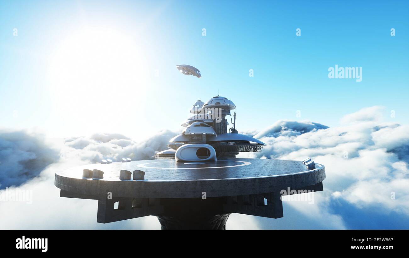 la nave futuristica atterra su una base futuristica tra le nuvole. rendering 3d. Foto Stock