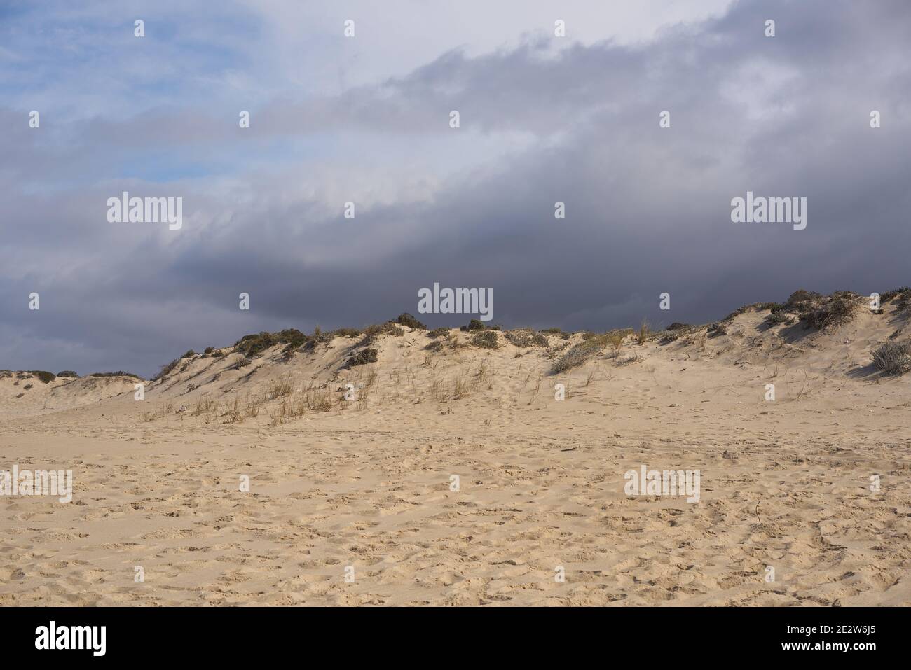 Dune di sabbia con nessuno e una tempesta dietro a Comporta, Portogallo Foto Stock