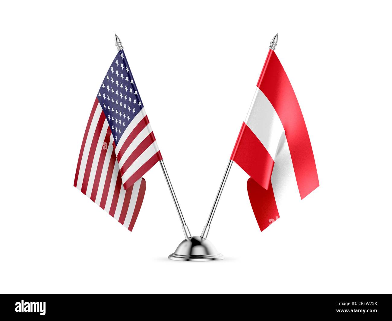 Desk bandiere, Stati Uniti d'America e in Austria, isolato su sfondo bianco. Immagine 3D Foto Stock