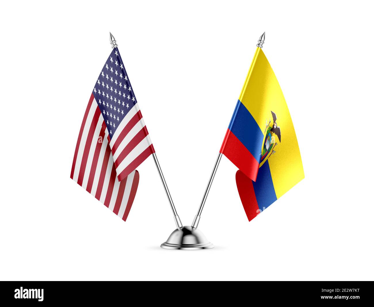 Desk bandiere, Stati Uniti d'America e l'Ecuador, isolato su sfondo bianco. Immagine 3D Foto Stock