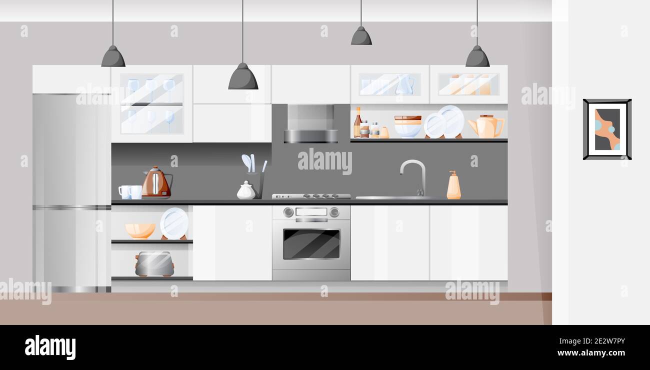 Interni con cucina bianca moderna. Illustrazione di un cartone piatto vettoriale. Mobili di casa di fondo ed elementi di design. Illustrazione Vettoriale