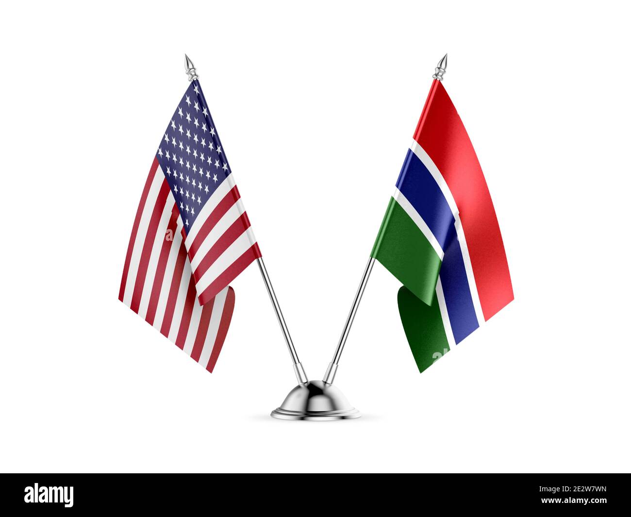 Desk bandiere, Stati Uniti d'America e Gambia, isolato su sfondo bianco. Immagine 3D Foto Stock