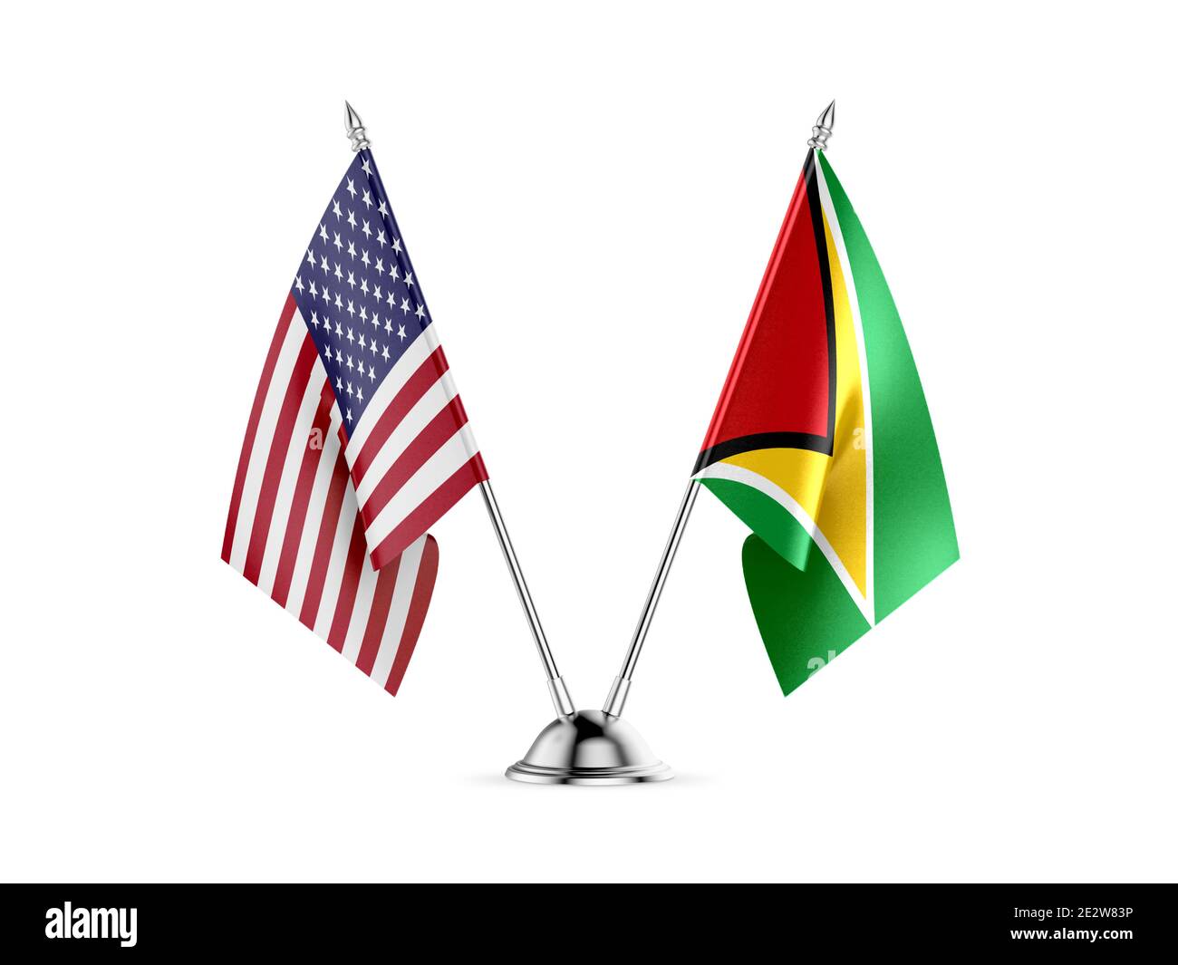 Desk bandiere, Stati Uniti d'America e della Guyana, isolato su sfondo bianco. Immagine 3D Foto Stock