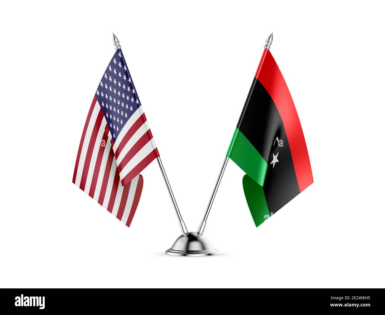 Desk bandiere, Stati Uniti d'America e la Libia, isolato su sfondo bianco. Immagine 3D Foto Stock