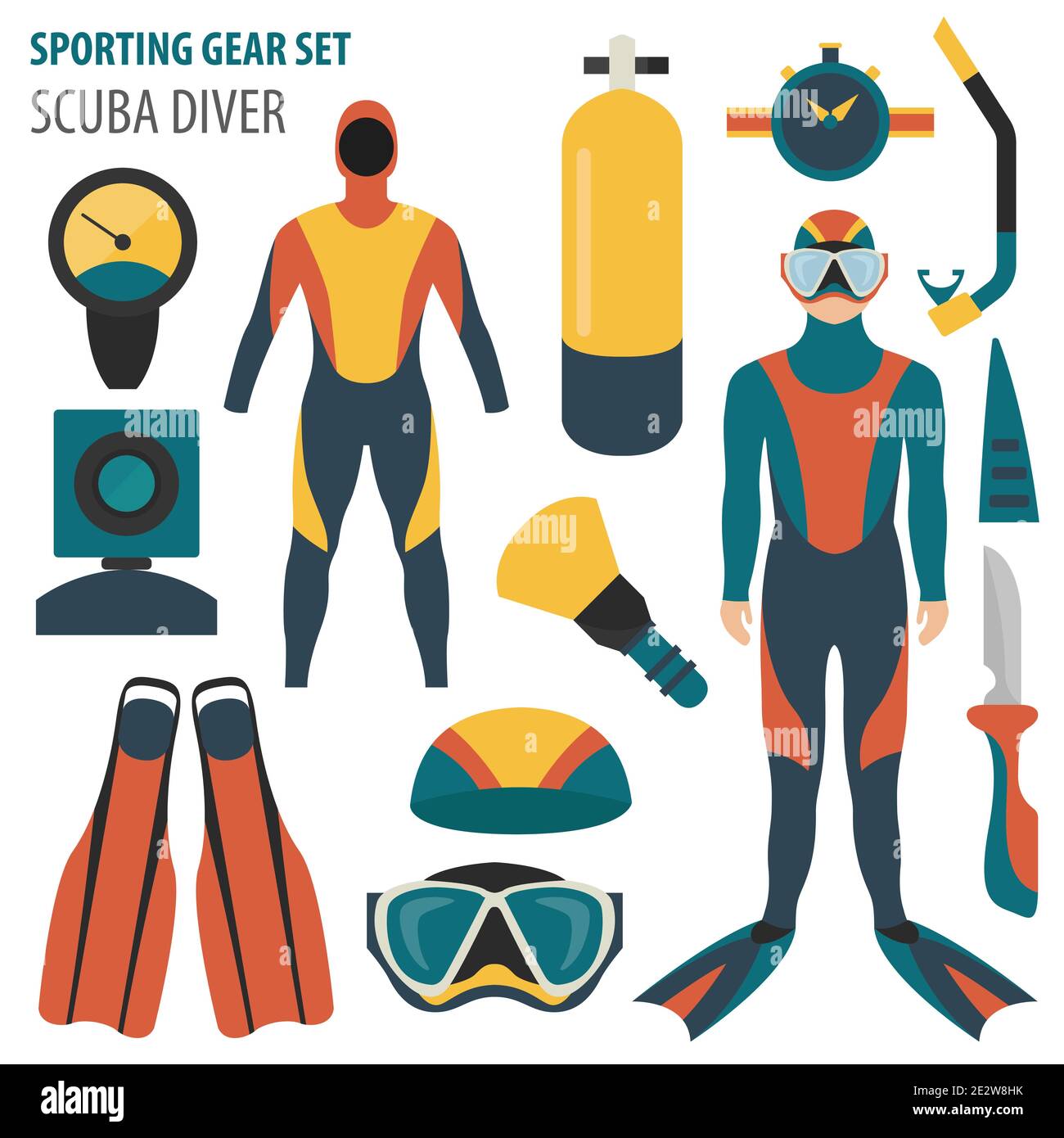 Set di attrezzi sportivi. Attrezzatura subacquea e subacquea maschile design piatto icon.Vector illustrazione Illustrazione Vettoriale