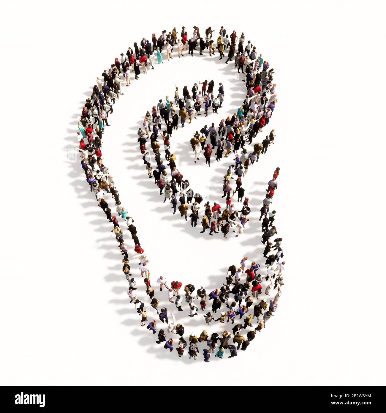 Concetto o concettuale grande comunità di persone che formano l'immagine di un orecchio su sfondo grigio. Una metafora di illustrazione 3d per la perdita dell'udito, tinnito Foto Stock