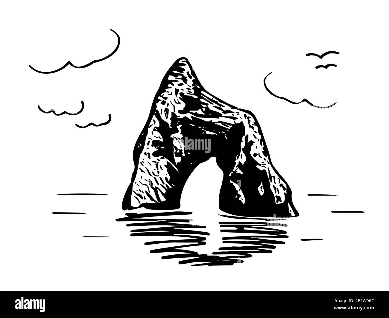 Schizzo di una roccia in mare con nuvole e gabbiani, illustrazione vettoriale. Illustrazione Vettoriale