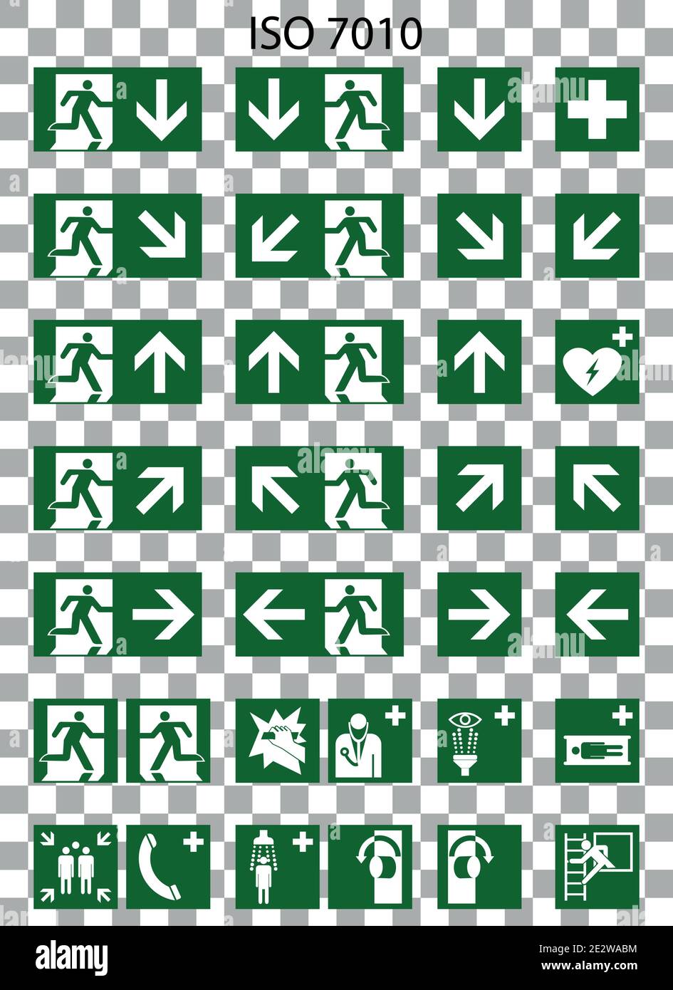 Set di segnali di emergenza iso 7010 vettore verde trasparente Illustrazione Vettoriale