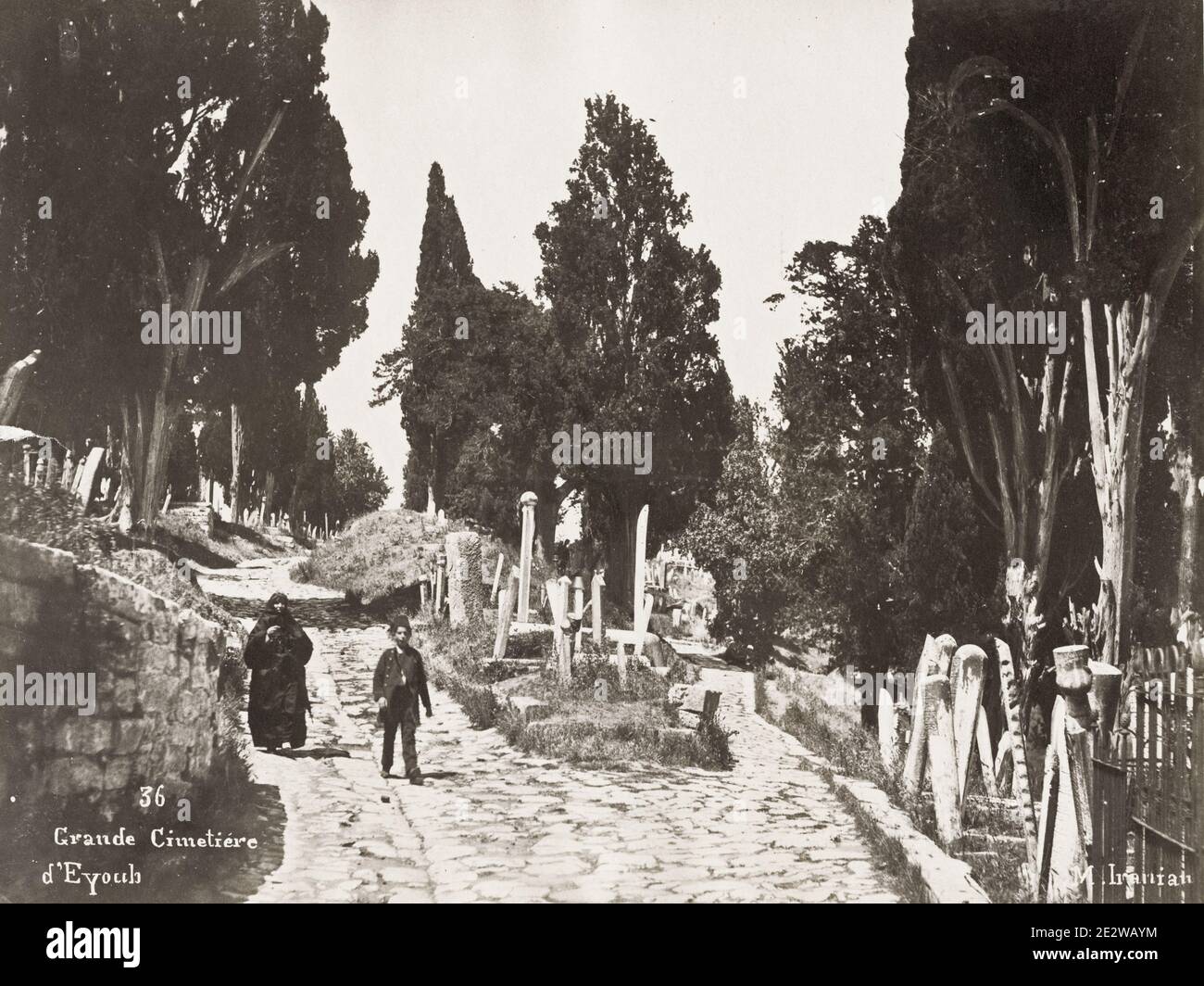 Fotografia d'epoca del XIX secolo: Turchia, Costantinopoli, Istanbul - il Cimitero di Eyüp (turco: Eyüp Mezarlığı), noto anche come Cimitero del Sultano Eyüp, è un luogo di sepoltura storico situato nel quartiere di Eyüp, sul lato europeo di Istanbul, Turchia. Foto Stock