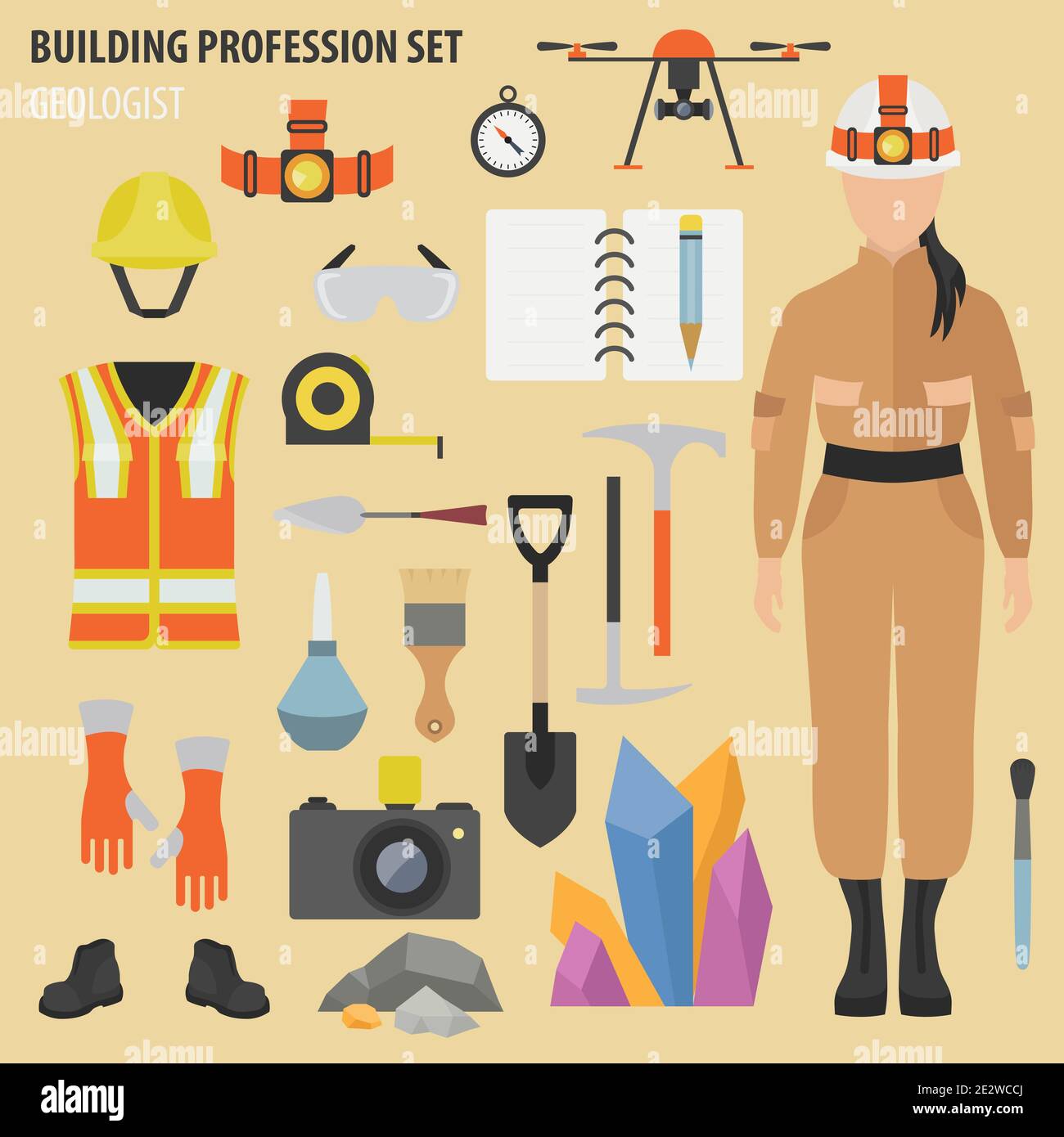 Set professione e occupazione. Strumenti e attrezzature per geologi. Icona di progettazione piatta uniforme. Illustrazione vettoriale Illustrazione Vettoriale