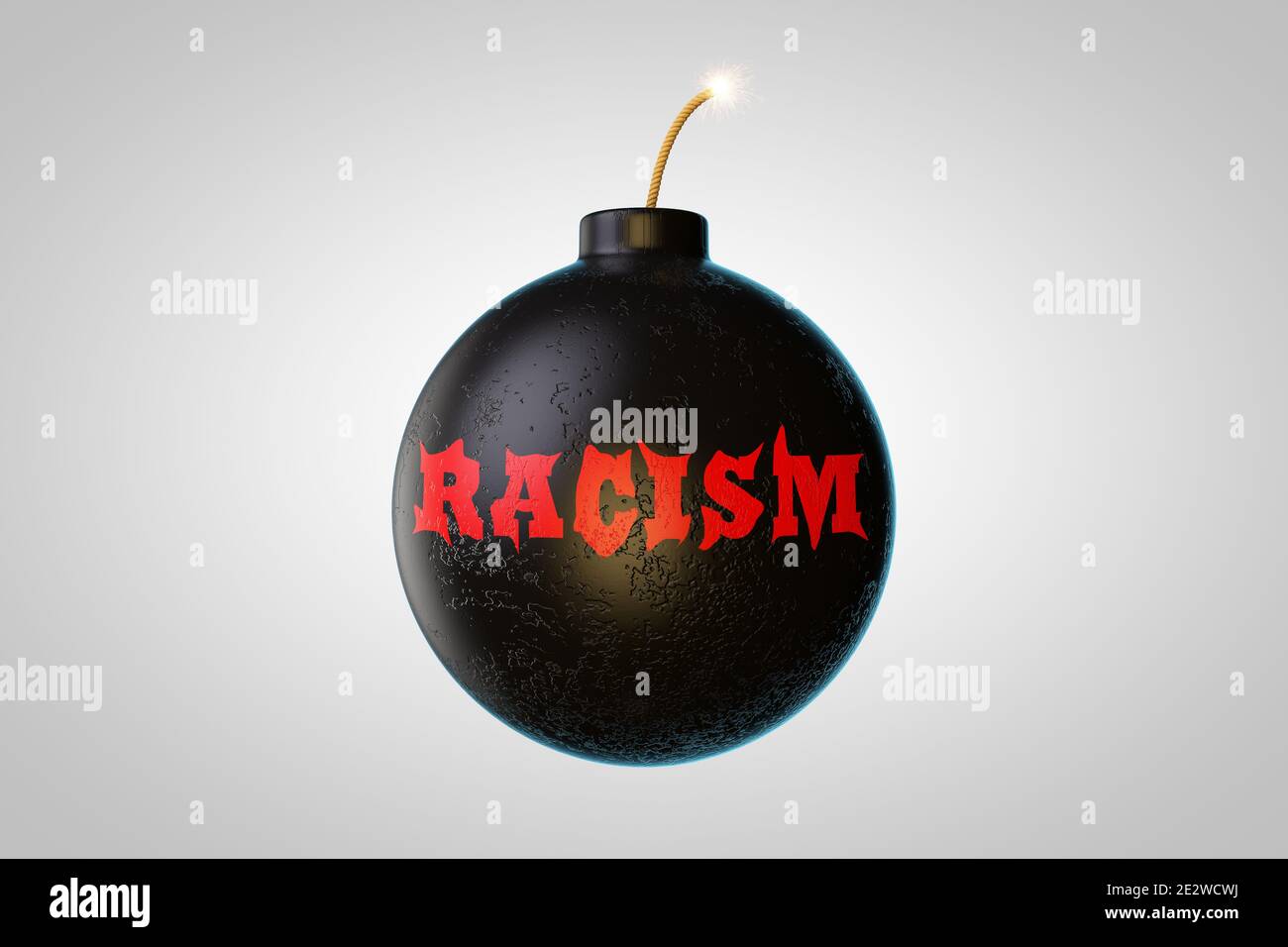 Bomba con un marchio di razzismo in avanti che dimostra il concetto di rischio di razzismo e discriminazione. Illustrazione 3D Foto Stock