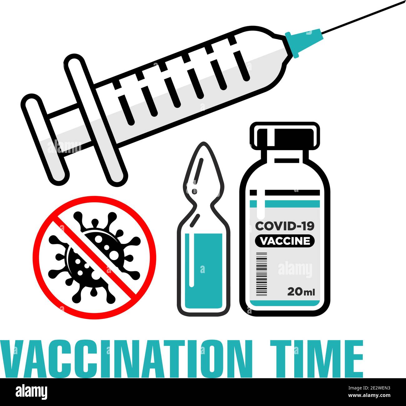 COVID-19 concetto di vaccinazione globale. Siringa medica con ago, flacone e flacone con il farmaco, segnale di avvertimento Stop coronavirus. Vettore su trasparente Illustrazione Vettoriale