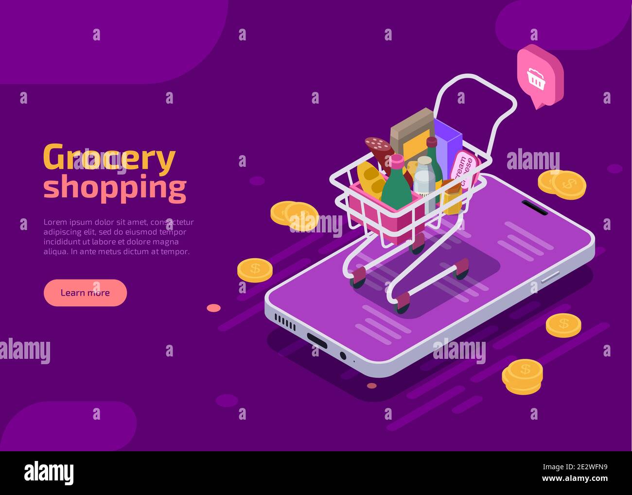 Pagina di destinazione isometrica per lo shopping di generi alimentari, banner Web viola. Carrello supermercato pieno di cibo e bevande stand sullo schermo del dispositivo mobile con monete sparse. Negozio online e-commerce, concetto di market shop Illustrazione Vettoriale