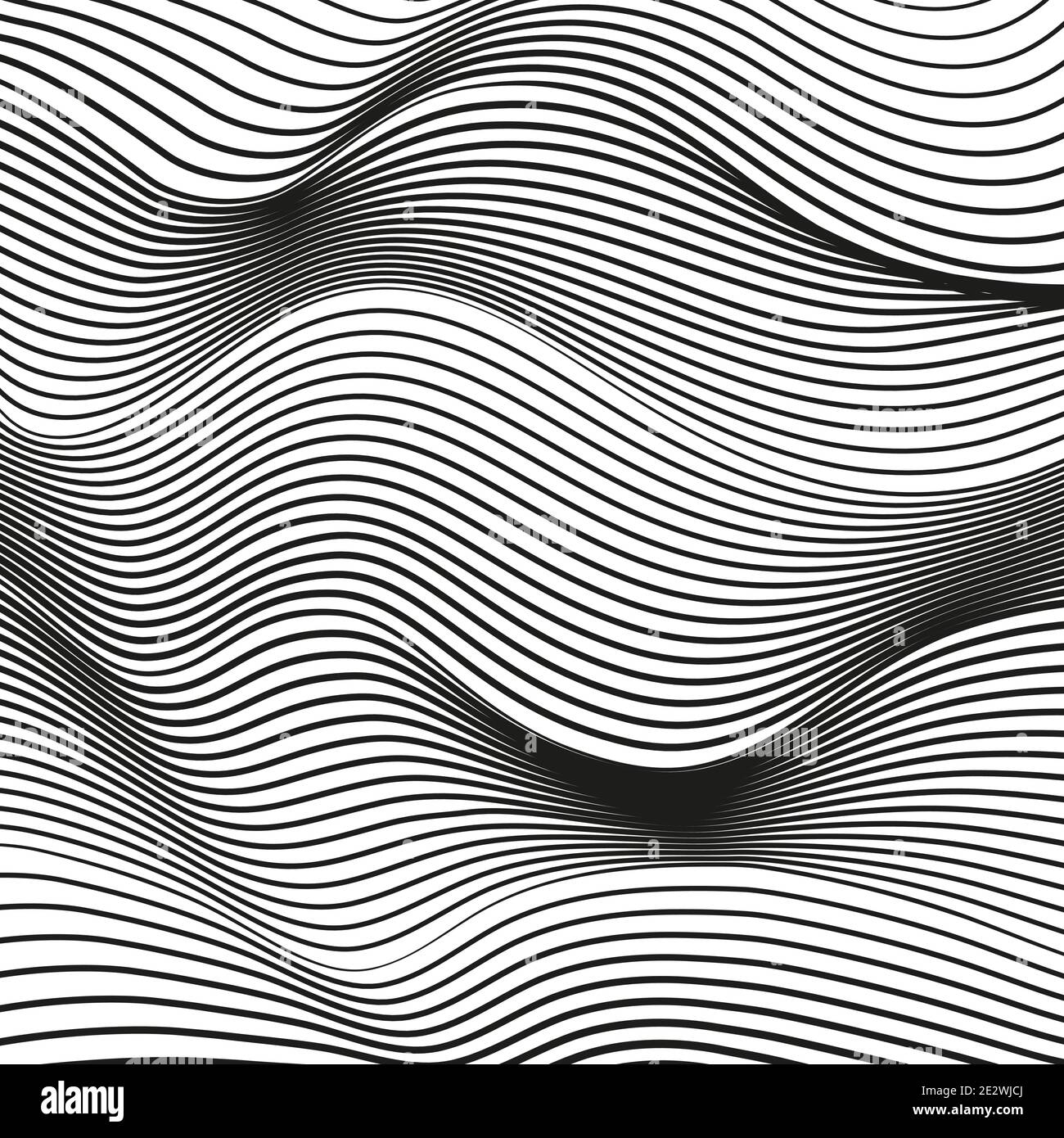 Sfondo deformato astratto ondulato. Illusione concettuale moderna in bianco e nero. Linee di squiggle vettoriali, effetto ottico. Modello ondulato scientifico. EPS10 Illustrazione Vettoriale