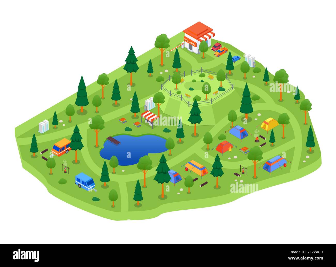 Camping site - moderno vettore colorato illustrazione isometrica. Paesaggio con tende nella foresta, alberi, piscina. Falò, trailer di viaggio immagini. Leisu Illustrazione Vettoriale