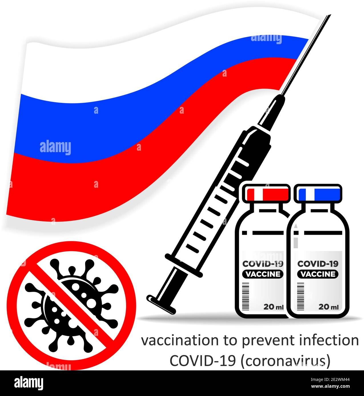 Vaccino contro il coronavirus COVID-19. Ampolle con il farmaco e una siringa medica con un ago sullo sfondo della bandiera russa. Vettore su transpare Illustrazione Vettoriale